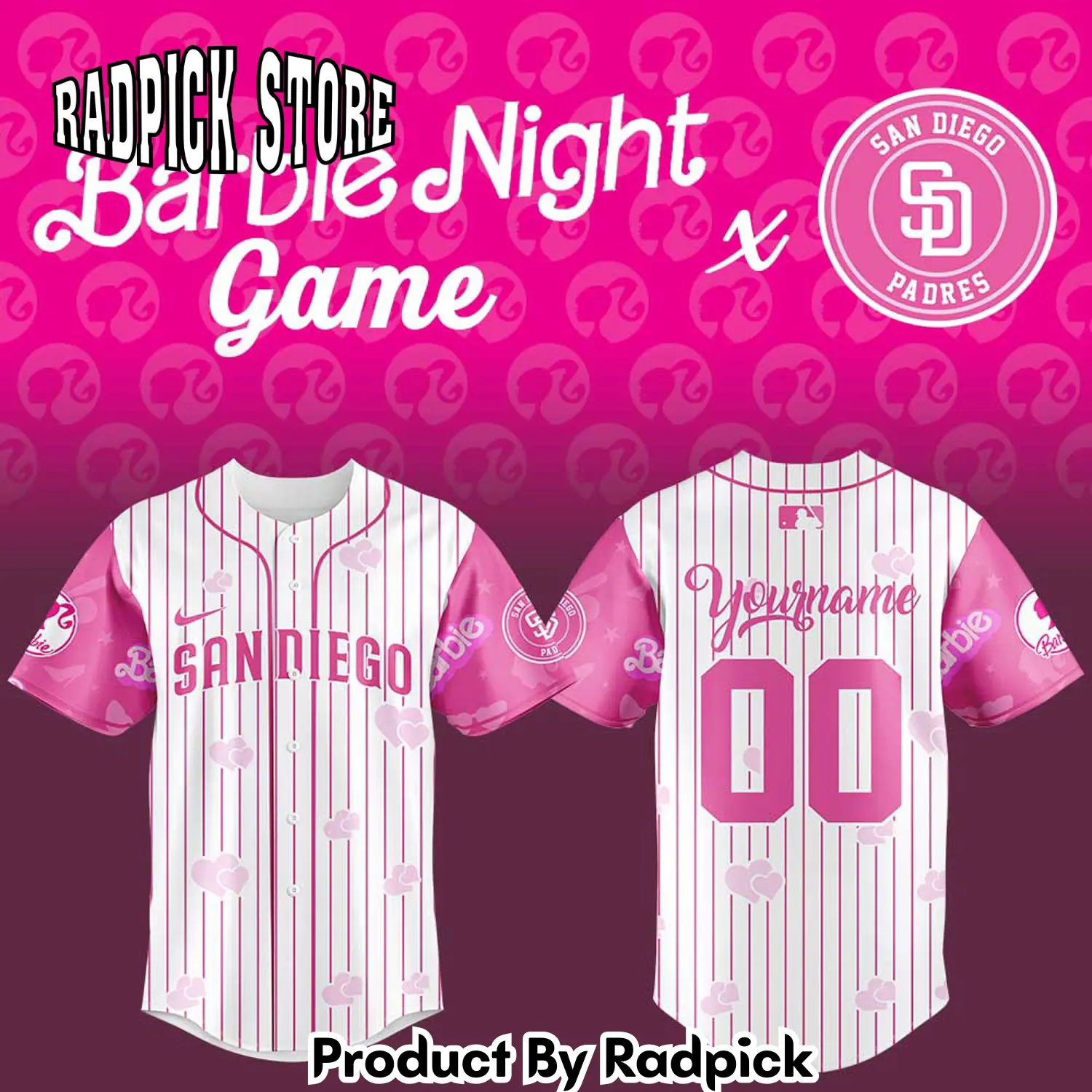 Radpick san diego padres x barbie night game custom name number for fans baseball jersey rp127166